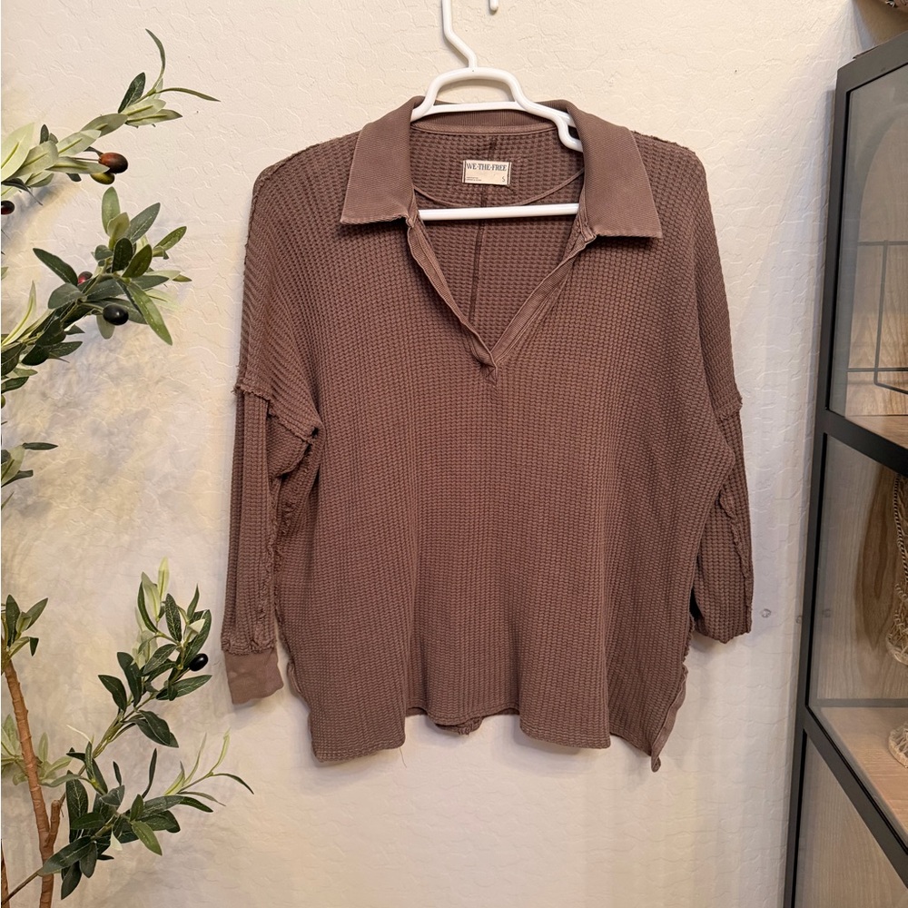 We the free waffle Knit Collared Pullover olive 100% cotton